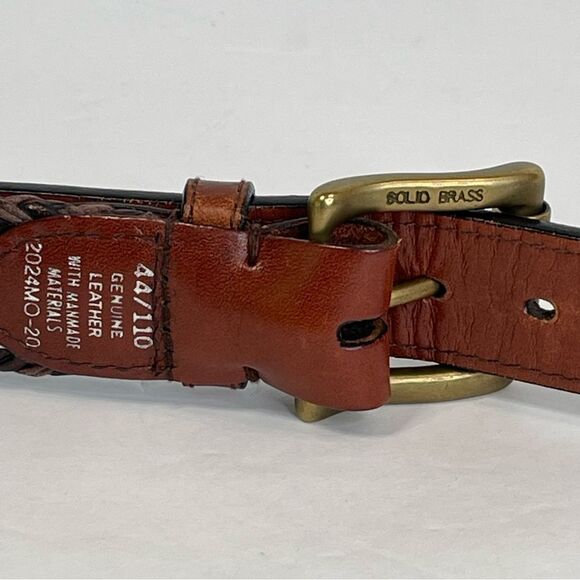 Savane Leather Woven Basketweave Two Tone Brown Belt Solid Brass Buckle Size 44 - Picture 7 of 13